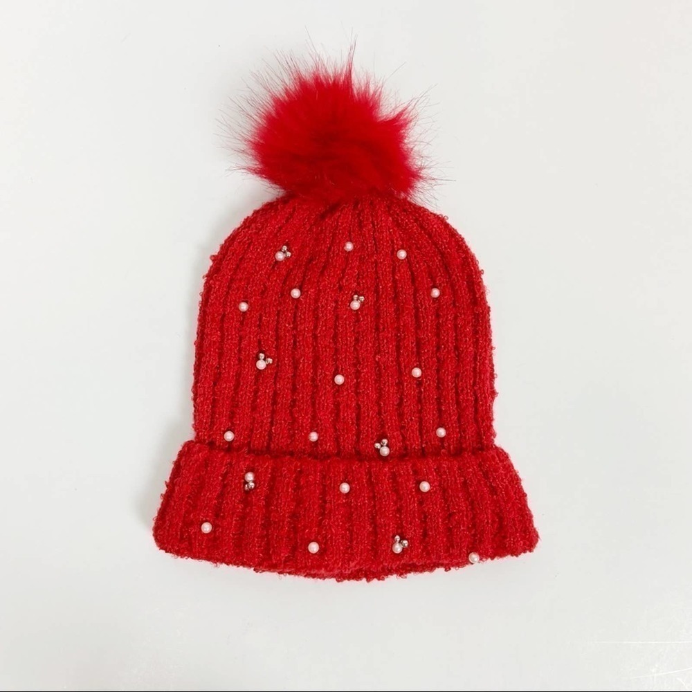 BP Rib Knit Beaded Beanie with Faux Fur Pom Pom